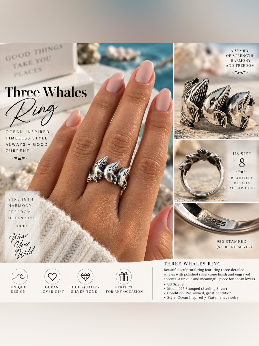925 Sterling Silver Three Whales Ring - Silver